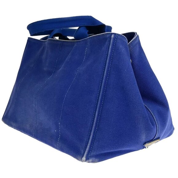 PRADA Milano Logo CANAPA Tote Hand Bag Canvas Leather Blue Gold - Picture 9 of 16